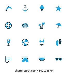 Sun Colorful Icons Set. Collection Of Sunglasses, Swimsuits, Watermelon And Other Elements. Also Includes Symbols Such As Tube, Ball, Palms.