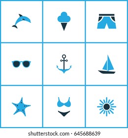 Sun Colorful Icons Set. Collection Of Sailing, Swimsuits, Sunglasses And Other Elements. Also Includes Symbols Such As Dolphin, Dock, Sunglasses.