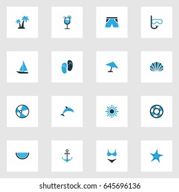 Sun Colorful Icons Set. Collection Of Umbrella, Shorts, Flip Flop And Other Elements. Also Includes Symbols Such As Citrus, Bikini, Circle.