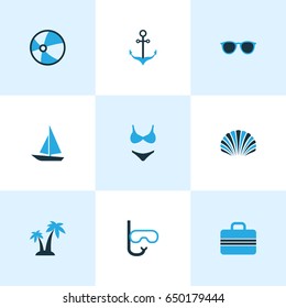 Sun Colorful Icons Set. Collection Of Boat, Suitcase, Sunglasses And Other Elements. Also Includes Symbols Such As Sunshades, Tube, Sea.