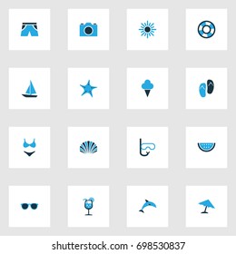 Sun Colorful Icons Set. Collection Of Swimsuits, Umbrella, Flip Flop And Other Elements. Also Includes Symbols Such As Video, Watermelon, Sunshine.