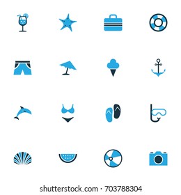 Sun Colorful Icons Set. Collection Of Umbrella, Fresh Juice, Ice Cream And Other Elements. Also Includes Symbols Such As Ice, Shorts, Photo.