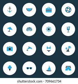 Sun Colorful Icons Set. Collection Of Lifebuoy, Dolphin, Boat And Other Elements. Also Includes Symbols Such As Dolphin, Ship, Lifebuoy.