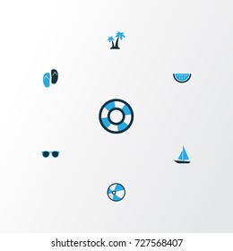 Sun Colorful Icons Set. Collection Of Flip Flop, Lifebuoy, Sunglasses And Other Elements. Also Includes Symbols Such As Lifesaver, Flip, Cocos.