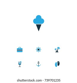 Sun Colorful Icons Set. Collection Of Ice Cream, Palms, Suitcase And Other Elements. Also Includes Symbols Such As Sailing, Anchor, Sunshine.