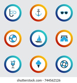 Sun Colorful Icons Set. Collection Of Sailing, Fresh Juice, Swimming Mask And Other Elements. Also Includes Symbols Such As Lifesaver, Tube, Smelting.