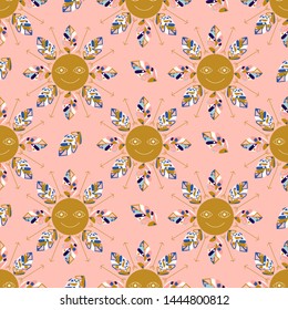 Sun and colorful leaves in a seamless pattern design, that can be used both on the web or in print, for surface design