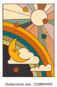 Sun with colorful rays and blooming flowers, crescent moon and clouds at sky. Retro or vintage cartoon rainbow arch, and blossom of flora and botany in spring or summer. Vector in flat style