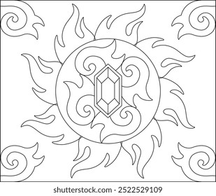 Sun Coloring Page with Crystal and Fire Elements Patterns - Vector Linear Picture for Coloring. Outline. Mandala with Flames and Gems for Coloring Book or Template for Creativity