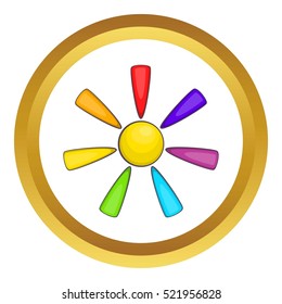 Sun in colours of LGBT vector icon in golden circle, cartoon style isolated on white background