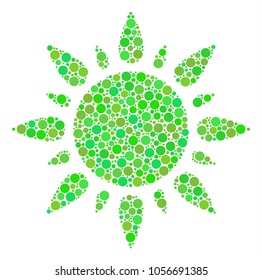 Sun composition of circle elements in different sizes and ecological green color hues. Vector round elements are grouped into sun illustration. Eco vector illustration.