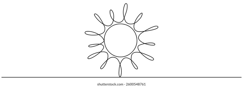 Sun continuous line art drawn. Summer sun contour line symbol. Vector illustration isolated on white.