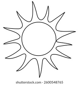 Sun continuous line art drawn. Summer sun contour line symbol. Vector illustration isolated on white.