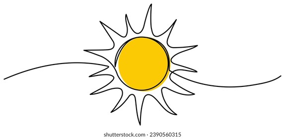 Sun continuous line drawing. Hand drawn yellow linear sun. Vector illustration isolated on white.