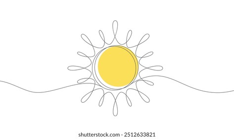 Sun continuous line. Hand drawn outline of the sun