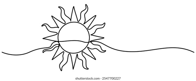 Sun continuous one line art drawing. Summer sun contour line sign. Vector illustration isolated on white background, Sunny Continuous Line Illustration. pro vector Single one line drawing sun concept.