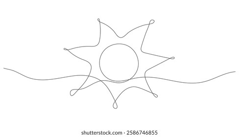 Sun in Continuous one line art. Single sketch sunny summer travel concept. Icon hot bright sky weather happy holiday vacation element vector illustration. Editable stroke