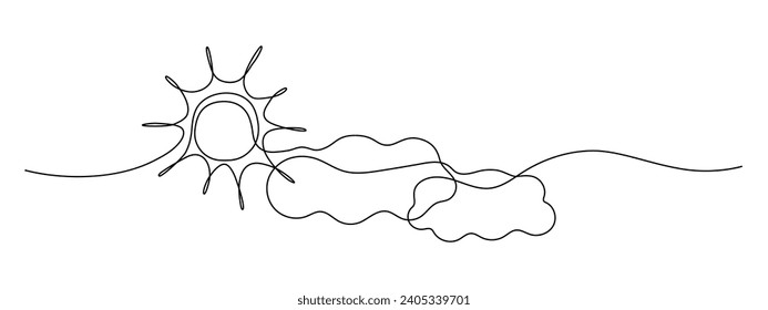 Sun continuous one line drawing and clouds. Sun contour sign. Single line sketch sunny summer travel concept.