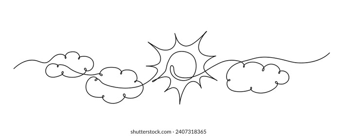 Sun continuous one line drawing. Three clouds and summer sun contour sign. Vector sketch isolated on white.
