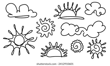 Sun continuous one line drawing. Doodle illustration of sun and clouds.