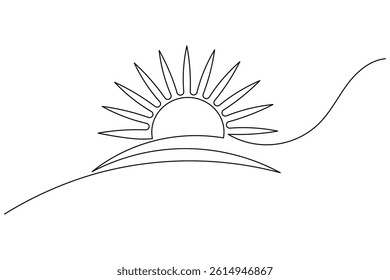 Sun continuous one line drawing and minimalist style isolate outline vector icon