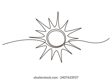 Sun continuous one line icon drawing on white background. Hot temperature and summer sea travel symbol vector illustration in doodle style. Summer sun contour line sign 