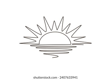 Sun continuous one line icon drawing on white background. Hot temperature and summer sea travel symbol vector illustration in doodle style. Summer sun contour line sign 