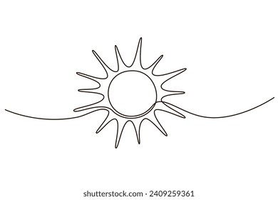 Dibujo continuo de un icono de una línea sobre fondo blanco. Temperatura caliente y verano símbolo de viaje marítimo ilustración vectorial en estilo doodle. Signo de línea de contorno de sol de verano 