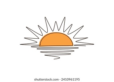 Sun continuous one line icon drawing on white background. Hot temperature and summer sea travel symbol vector illustration in doodle style. Summer sun contour line sign 