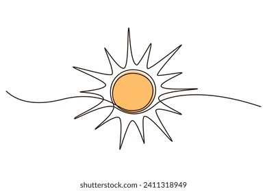 Sun continuous one line icon drawing on white background. Hot temperature and summer sea travel symbol vector illustration in doodle style. Summer sun contour line sign 