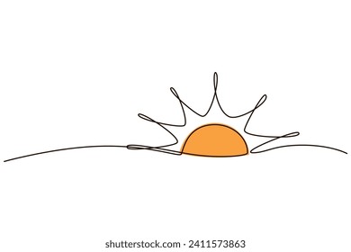 Sun continuous one line icon drawing on white background. Hot temperature and summer sea travel symbol vector illustration in doodle style. Summer sun contour line sign 