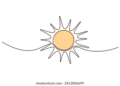 Sun continuous one line icon drawing on white background. Hot temperature and summer sea travel symbol vector illustration in doodle style. Summer sun contour line sign 