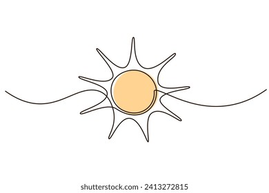 Sun continuous one line icon drawing on white background. Hot temperature and summer sea travel symbol vector illustration in doodle style. Summer sun contour line sign 