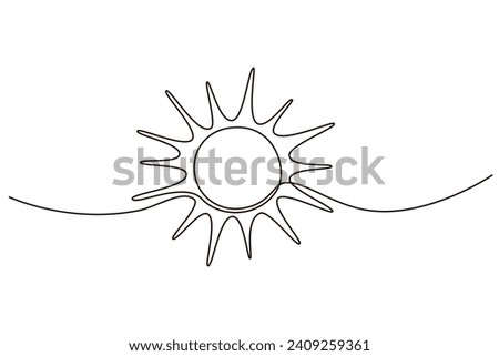 Sun continuous one line icon drawing on white background. Hot temperature and summer sea travel symbol vector illustration in doodle style. Summer sun contour line sign 