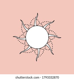 Sun copyspace on pink background for yoga stuido witchcraft themed. Large stylized sun with jewelry and beads around its rays. Celestial themed scandinavian nordic minimalist style copy space
