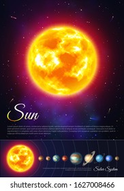 Sun with corona atmosphere colorful poster. Galaxy discovery and exploration. Realistic planetary system in deep space vector illustration. Astronomy and astrophysics science flyer with solar system.