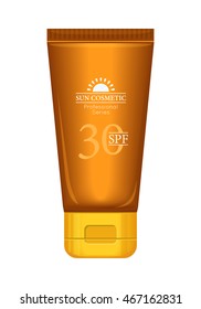 Sun cosmetics professional series. Suntan cream 30 SPF. Sunscreen care sun protection. Cosmetics container orange cream icon in flat style. Part of series of decorative cosmetics items. Vector