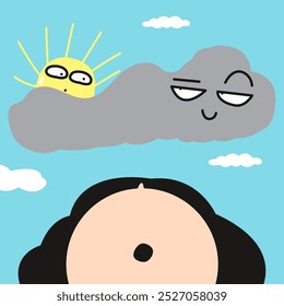Die Sonne ist bedeckt von dunklen Sturmwolken Cartoon Charaktergrafik