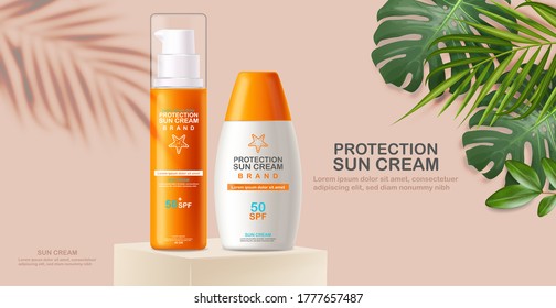 Sun cream bottle 3d realistic isolated, tropical background, tropical banner, packaging mockup, protection sun cream, spf 50 summer cosmetics vector illustration