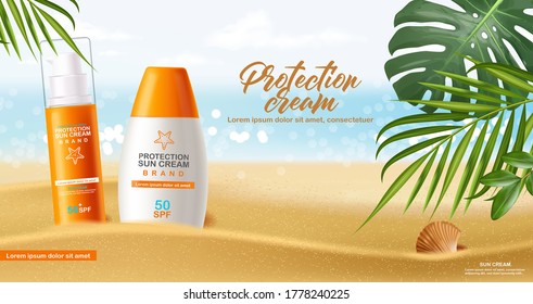 Frasco de crema solar 3d aislado realista, fondo marino, banner tropical, maquillaje de embalaje, crema solar de protección, spf 50 ilustración vectorial de cosméticos de verano