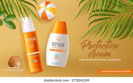 Sun cream bottle 3d realistic isolated, sea background, tropical banner beach, packaging mockup, protection sun cream, spf 50 summer cosmetics vector illustration