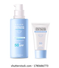 Sun cream bottle 3d realistic isolated,  packaging mockup, protection sun cream, spf 50 summer cosmetics vector illustration