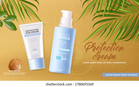 Sonnencreme-Flasche 3d realistisch einzeln, Meereshintergrund, tropischer Banner-Strand, Verpackung Muster nach oben, Schutz-Sonnencreme, spf 50 Sommer-Kosmetik Vektorgrafik
