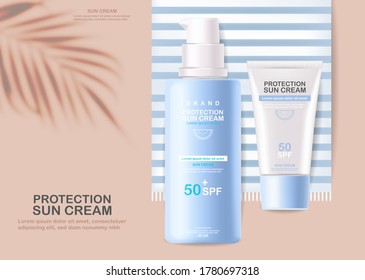 Sun cream bottle 3d realistic isolated, tropical background, tropical banner, packaging mockup, protection sun cream, spf 50 summer cosmetics vector illustration