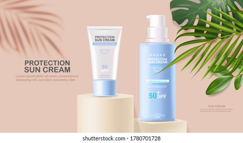 Sun cream bottle 3d realistic isolated, tropical background, geometric scene, packaging mockup, protection sun cream, spf 50 summer cosmetics vector illustration