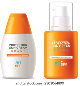 Sun cream bottle 3d realistic isolated, packaging mockup, protection sun cream, spf 50 summer cosmetic vector illustration