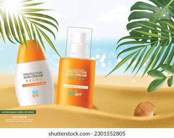 Sun cream bottle 3d realistic isolated, sea background, tropical banner, packaging mockup, protection sun cream, spf 50 summer cosmetics vector