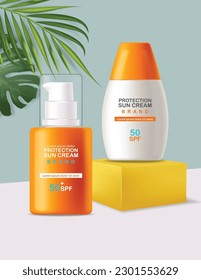 Sun-Creme-Flasche 3d realistisch einzeln, Meereshintergrund, tropisches Banner, Verpackungsmock up, Schutz-Sonnencreme, spf 50 Sommer-Kosmetik-Vektorgrafik