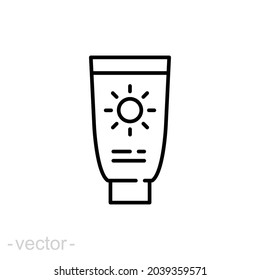 Sun cream bottle icon. Simple outline style. Tube sunblock, spf, protection, uv, sunscreen concept. Vector illustration isolated on white background. Thin line symbol. Editable stroke EPS 10