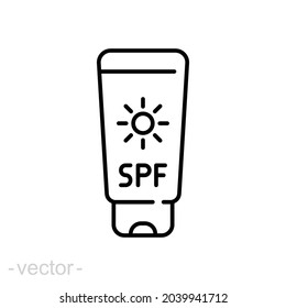 Sun cream bottle icon. Simple outline style. Tube sunblock, spf, protection, uv, sunscreen concept. Vector illustration isolated on white background. Thin line symbol. Editable stroke EPS 10